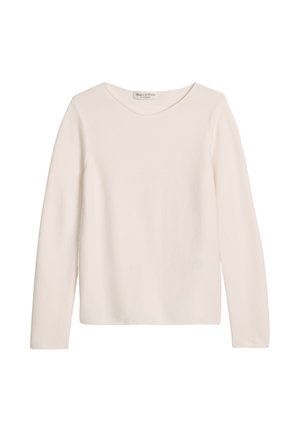 Biały sweter z długim rękawem i okrągłym dekoltem, wykonany z miękkiego materiału, wyłożony na płasko, bez wzorów ani dodatkowych detali.