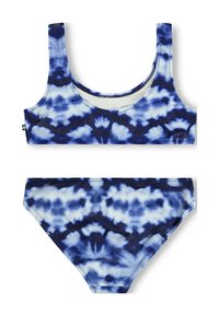 Blauwe en witte tie-dye patroon tweedelige bikini met een crop top met ronde hals en hooggesneden broekjes.