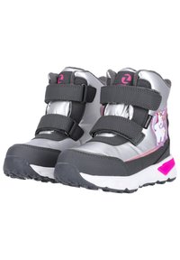 Grau und silberne wasserdichte Stiefel mit zwei schwarzen Klettverschlüssen, rosa Akzenten und einem Einhorn-Design an der Seite. Dicke Gummisohle für besseren Halt.