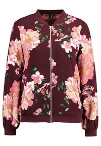 Burgundowa kurtka bomberka z kwiatowymi wzorami w różu i złocie, zamek błyskawiczny, ściągacze przy mankietach i kołnierzu dla dodatkowej tekstury.