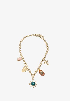 Naszyjnik w kolorze złotym z łańcuszka, zawierający pięć zawieszek: zieloną kamienną słoneczko, różowy owal, złote serce, brązowy prostokąt oraz krzyż.