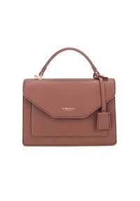 Borsa a mano in pelle marrone con un design strutturato, un manico superiore, una chiusura a pattina e un'etichetta attaccata. Presenta una superficie testurizzata eHardware in oro.