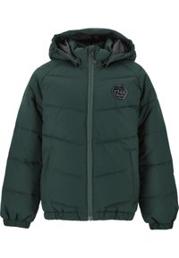 Polstret grøn jakke med hætte, frontlynlås, elastiske manchetter og hexagonal logo på brystet. Har syede paneler og sidelommer.