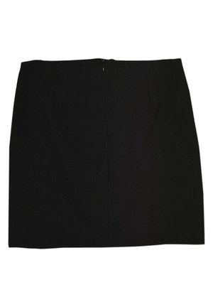 Sort mini nederdel med lige snit, synligt lynlås bagpå, enkelt design uden mønstre eller udsmykninger.