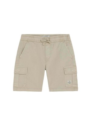 Pantalones cortos cargo beige con cintura elástica, cordón, bolsillos laterales, dos bolsillos con solapa en los muslos y una pequeña etiqueta rectangular en el bolsillo derecho.