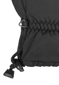 Manchette de gant isolé noire avec tissu froncé, cordon de serrage ajustable et fermoir en plastique pour un ajustement sécurisé. Texture lisse et durable.