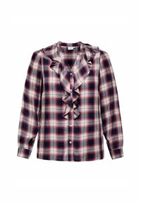 Blusa a quadri con fronte con volants, maniche lunghe e chiusura a bottoni. I colori includono navy, rosso e bianco. Realizzata in tessuto leggero.
