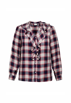 Blusa a quadri con fronte con volants, maniche lunghe e chiusura a bottoni. I colori includono navy, rosso e bianco. Realizzata in tessuto leggero.