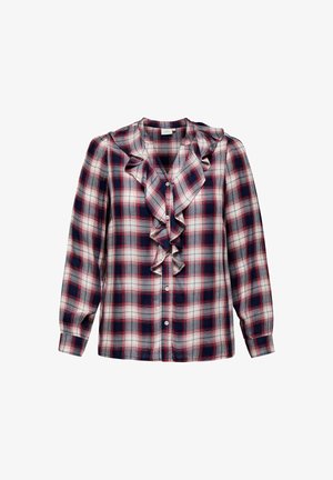 Blusa a quadri con fronte con volants, maniche lunghe e chiusura a bottoni. I colori includono navy, rosso e bianco. Realizzata in tessuto leggero.