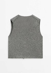 Sleeveless gray top made of textured fabric, featuring a straight cut and rounded neckline. Back view shows a clean design with no additional details.