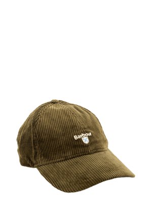 Brown corduroy baseball cap with curved brim and small embroidered white logo and blue shield on the front panel.
