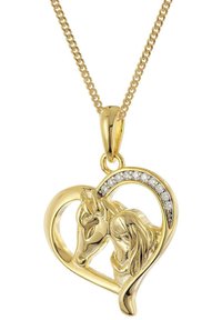 Goldkette mit Anhänger, der zwei Pferde zeigt, die sich in einer Herzhaltung nuzzeln, verziert mit kleinen klaren Steinen auf einer Seite des Herzens.