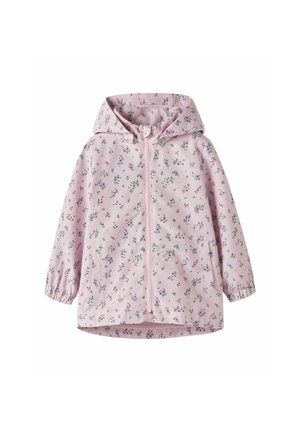 Lyserosa hettejakke med små blå og rosa blomster, frontglidelås, elastiske mansjetter og to frontlommer.