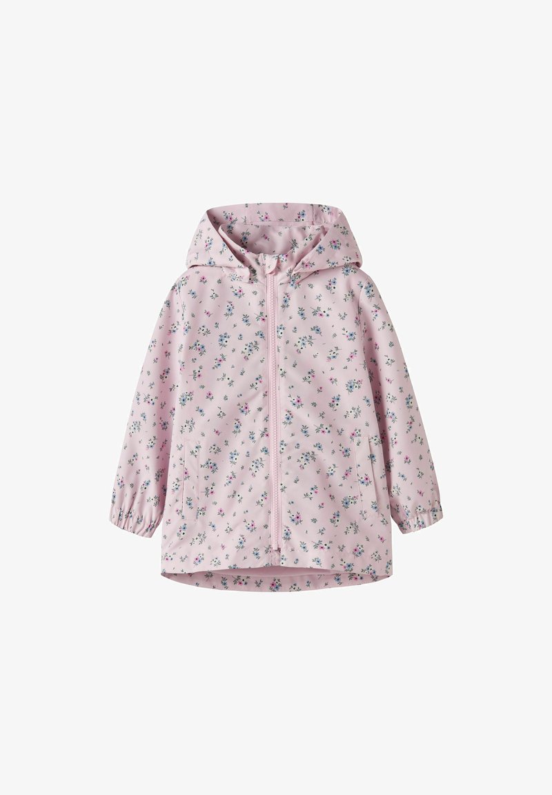 Light pink hooded raincoat with small blue and pink floral patterns, front zipper, elastic cuffs, and two front pockets.