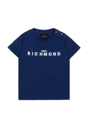 Marineblauw peuter T-shirt met witte "John Richmond" tekst op de voorkant en twee drukknoopjes op de linkerschouder voor gemakkelijk aan- en uitdoen.