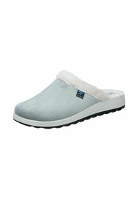 Light grey suede slipper with a white faux fur cuff and a textured black sole. Features a small blue label on the side. Slip-on design.
