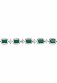 Emerald and diamond bracelet featuring alternating emerald rectangular links and round diamonds, set in a white metal.