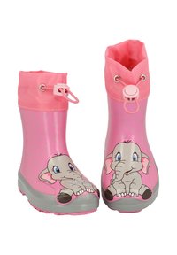Rosa Kinderregenstiefel mit grauen Sohlen, gepunktet, mit Cartoon-Elefanten-Gesichtern auf der Vorderseite und verstellbaren Kordelverschlüssen am oberen Rand.