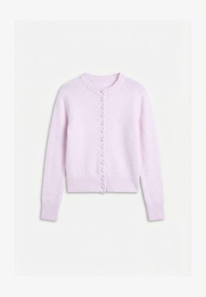 Cardigan lilla chiaro lavorato a maglia con maniche lunghe, scollo rotondo, polsini e orlo a costine, con bottoni coperti sul davanti.
