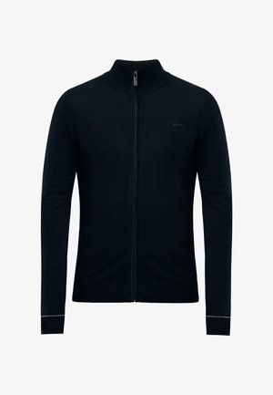 Maglione nero con zip e colletto alto, realizzato in tessuto morbido, con maniche aderenti e un logo minimale sul petto.