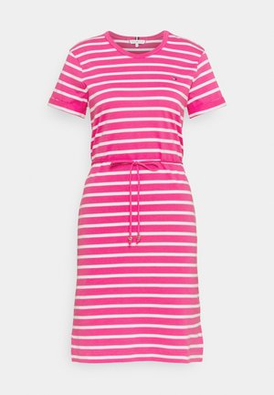 Pink and white striped cotton dress with short sleeves, a round neckline, and a drawstring waist with gold accents. Casual fit.