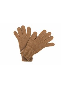 Guanti lavorati a maglia marroni in materiale morbido. Presentano un polsino a costine e aperture per le dita. La texture appare calda e accogliente. Adatti per il freddo.