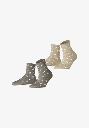 Deux paires de chaussettes de cheville, une beige et une grise, chacune avec un motif blanc de feuilles abstraites.