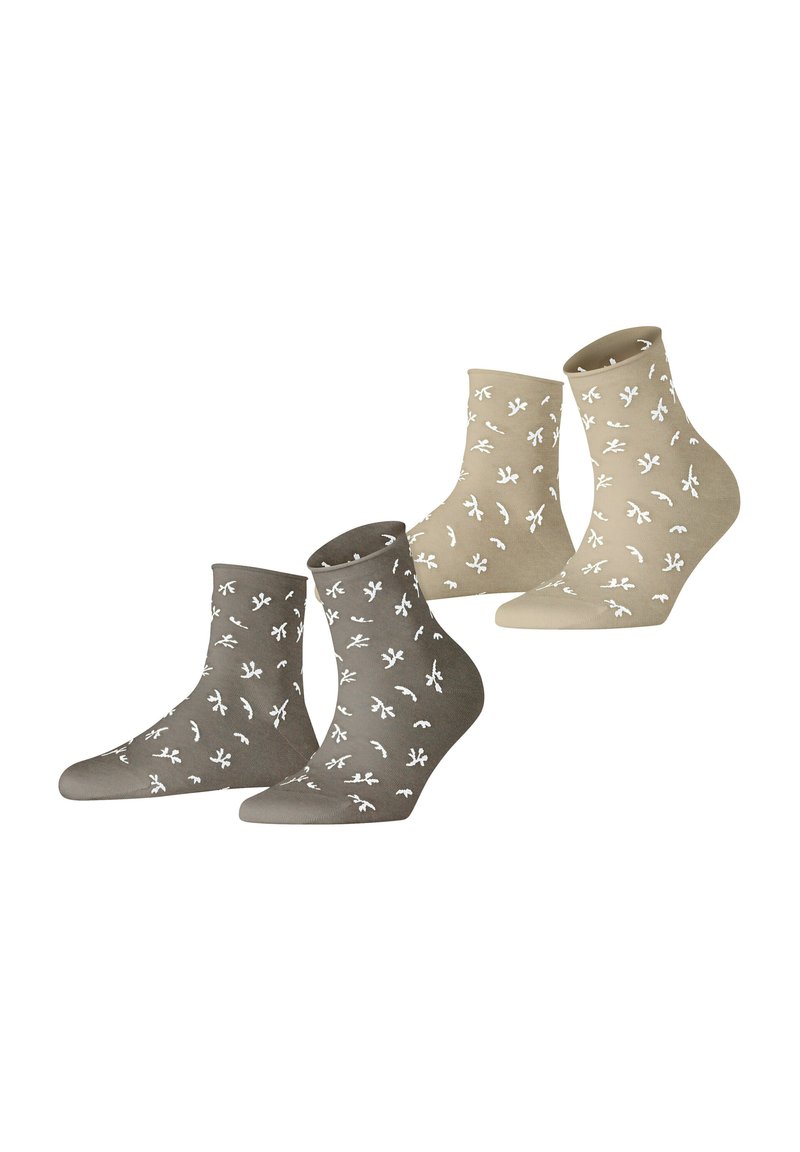 Zwei Paar Knöchelsocken, ein beige und ein grau, jeweils mit einem weißen abstrakten Blattmuster.