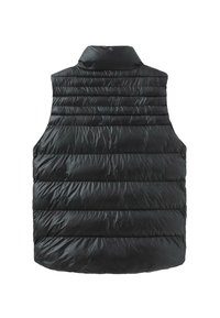 Czarna kamizelka puchowa wykonana z błyszczącego, lekkiego materiału. Posiada wysoki kołnierz oraz pikowane sekcje z poziomym szyciem. Brak widocznych elementów metalowych.