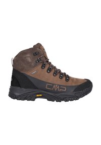 Bruna vandringsskor tillverkade av läder och syntetmaterial, med metalöglor, en Vibram-sula och ankelsupport. CMP-logotypen på sidan.