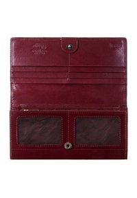 Red leather wallet with multiple card slots, two transparent ID windows, snap closure, and a smooth texture.