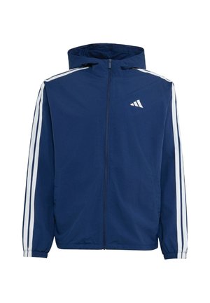 Marineblaue Kapuzenjacke mit Reißverschluss, weißen Streifen an den Ärmeln und kleinem weißen Adidas-Logo auf der Brust.