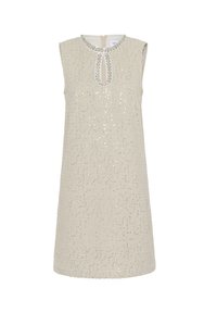 Beiges ärmelloses Kleid mit einem Schlitzkragen, verziert mit Pailletten und Schmuckakzenten um den Hals, in gerader Schnittform.