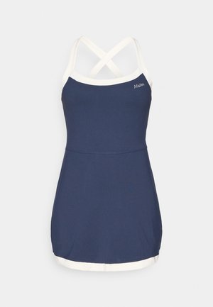 Námořnická modrá plavková šaty s bílými akcenty. Nastavitelné křížové ramínka, hladký materiál a A-liniový střih se pevným lemem.