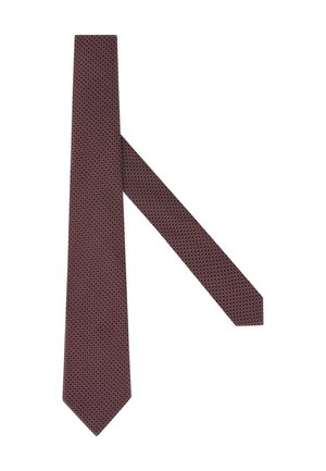 Burgundy tie featuring a geometric pattern of interlocking circles in red and white, with a narrow point and textured fabric.