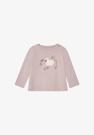 Jasnoróżowa koszula z długim rękawem wykonana z bawełny, z nadrukiem kaczki i trzcin. Napy na ramieniu ułatwiające ubieranie.