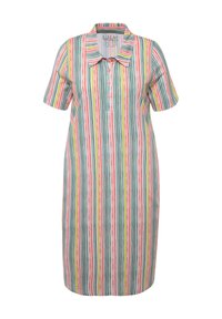 Vestito con colletto caratterizzato da righe verticali in verde, rosa, giallo e bianco. Maniche corte, chiusura con bottoni, lunghezza al ginocchio e tessuto leggero.