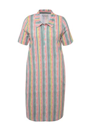 Vestido con cuello que presenta rayas verticales en verde, rosa, amarillo y blanco. Mangas cortas, botonera, longitud hasta la rodilla y tejido ligero.