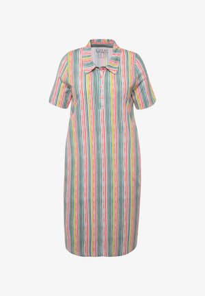 Kauluspaita, jossa on pystysuorat raidat vihreinä, vaaleanpunaisina, keltaisina ja valkoisina. Lyhyet hihat, napitus etupaneelissa, polvipituinen ja kevyttä kangasta.