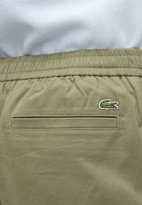 Shorts vert olive avec une taille élastique, dotés d'une poche arrière et d'un petit logo de crocodile brodé en blanc, vert et rouge.