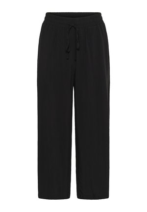 Pantaloni neri a gamba larga con vita elasticizzata e coulisse, tessuto leggero, stile casual.