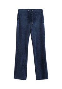 Marineblaue Velourhosen mit entspannter Passform, elastischem Bund und Kordelzug. Verfügt über zwei Seiten Taschen und einen glatten, strukturierten Stoff.