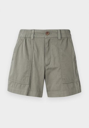 Helle olivgrüne Shorts aus einem Baumwollmischgewebe, mit einem elastischen Bund, Fronttaschen und einem einzigen Knopfverschluss.
