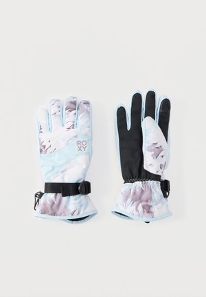 Blå og svarte snøhansker med blomsterfigur, elastisk håndledd og spenne for sikker passform; laget av tekstilmateriale.