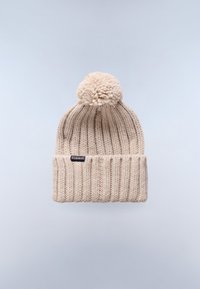 Berretto lavorato a maglia beige con un design a costine testurizzate, caratterizzato da un pom-pom arrotondabile e soffice sulla parte superiore e un risvolto con un piccolo etichetta del logo.