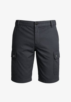 Black knee-length cargo shorts with buttoned flap pockets on each side and belt loops at the waistband.