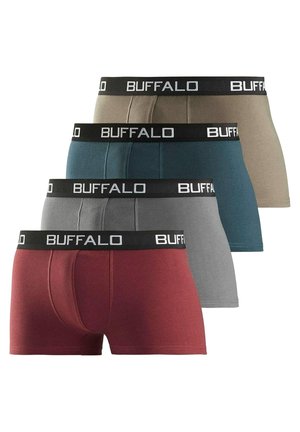 Vier Paare Herrenboxershorts in Rot, Grau, Türkis und Beige mit schwarzen Bund, beschriftet mit "BUFFALO".