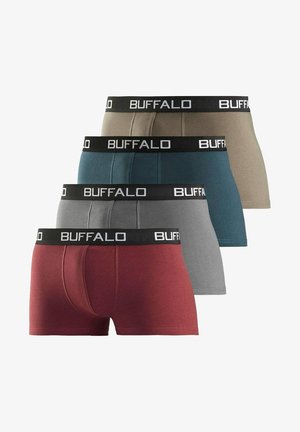 Vier Paare Herrenboxershorts in Rot, Grau, Türkis und Beige mit schwarzen Bund, beschriftet mit "BUFFALO".