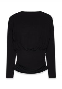Schwarzes Langarmoberteil mit runder Ausschnitt, gerafftem Stoff an der Taille, einem glatten Material und einer lockeren Passform.