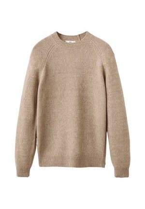 Suéter de punto beige con cuello redondo, puños y dobladillo acanalados. Presenta un acabado texturizado y mangas raglán. Ajuste clásico.